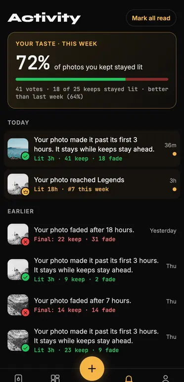 The Activity screen in dark mode: your taste this week, and what happened to your photos.